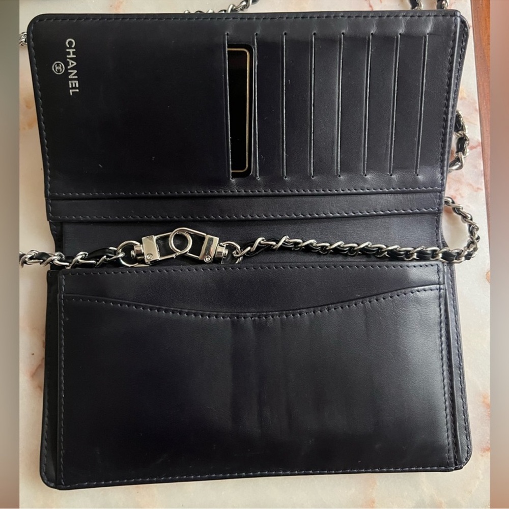 Dark Navy Blue, Long Caviar Chanel Flap Wallet with Added Chain woc - Picture 7 of 11